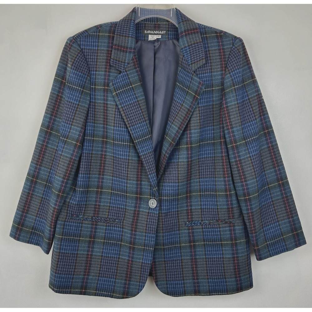 Vintage Plaid Blazer Womens 14 Petite Blue Wool Blend Retro Y2K 80s Oversized